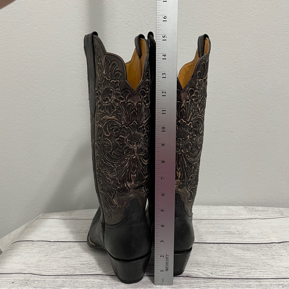 Leddy Vaquero Boots Western Tall Tooled Leather Black Dress Dancing Womens 9 B - Picture 8 of 12